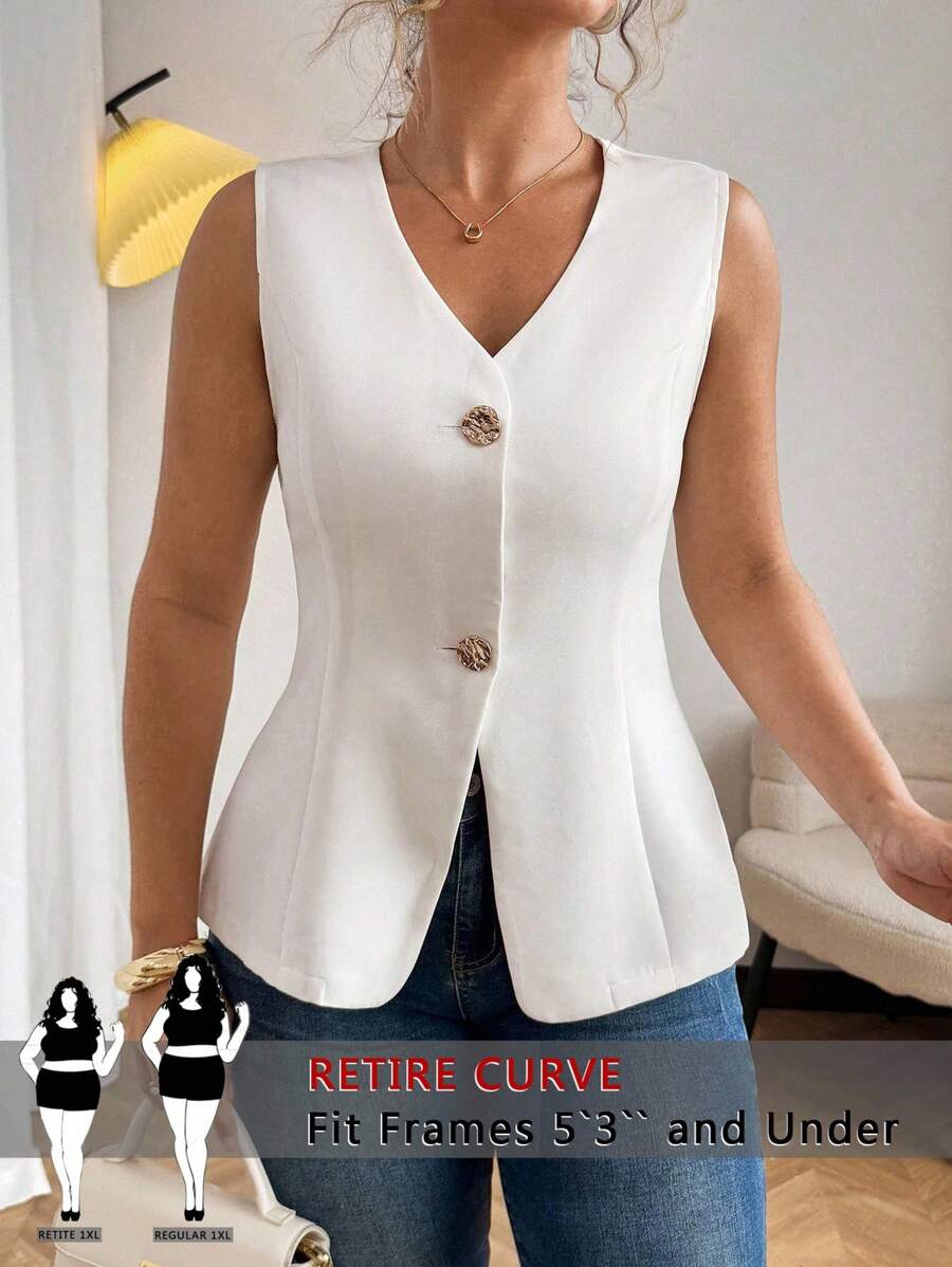 SHEIN PETITE V-Neck Button Sleeveless Open Shirt Vest Jacket - Beige - View 1