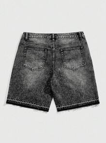 ROMWE MEN Street Life 男士休闲时尚百搭闪亮钻石牛仔短裤 - 黑色 - 查看 3
