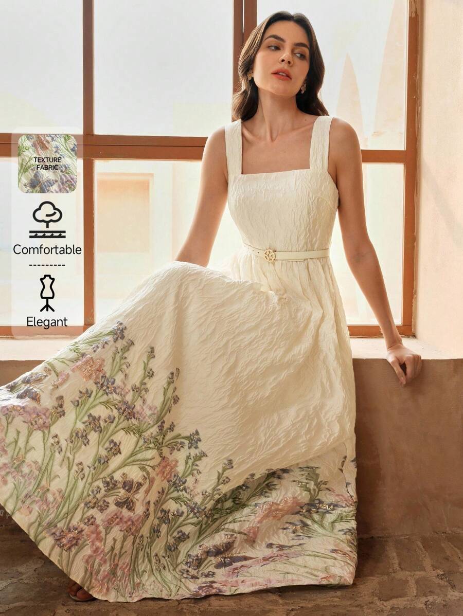 Anewsta 新款优雅宫廷风女款方领系带收腰设计碎花夏装连衣裙，显瘦高级感，奶油黄 - 杏色 - 查看 1