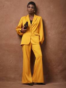 Zivah [2025 春夏] 优雅西装套装，适合商务、休闲、度假穿着 - 包含灯笼袖、口袋和喇叭裤的西装外套，适合生日派对、日常穿搭、秋冬通勤 - 黃色 - 查看 5
