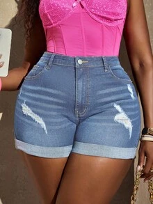 Slaydiva Plus Size Fashion Street Style Tight Fit Casual Denim Shorts For Summer Ripped Denim Shorts - Medium Wash - View 5