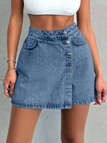 EURMUSE 100%Cotton LIGHT WASH BUTTONS DETAIL SHORT SKIRT - Dusty Blue - View 5