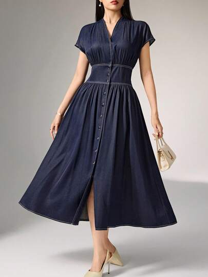 Heiryn 女式纯色前扣V领优雅短袖中长连衣裙