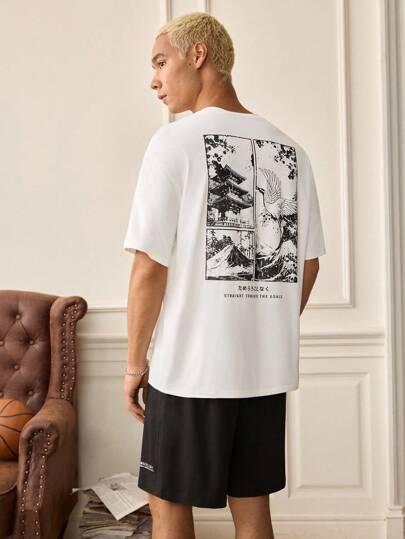 SWAVVY 日本建筑印花男士T恤短裤两件套宽松休闲款抽绳腰部设计弹力针织面料短袖套装