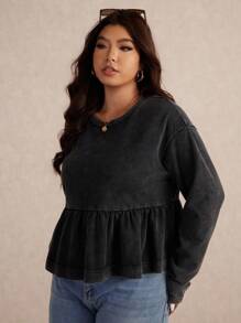 Elaquor 大码休闲简约纯色圆领荷叶边下摆T恤 - 灰色 - 查看 5