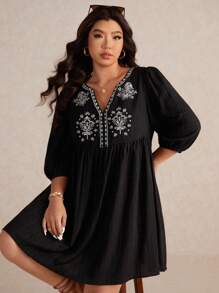 Elaquor Plus Size Casual Minimalist Vacation Embroidered V-Neck A-Line Loose Dress For Women, 3/4 Sleeve, Black,Fall Clothes For Women - Black - View 4