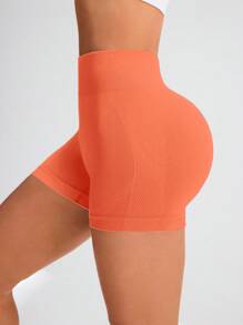 SHEIN Sports 女士纯色高腰日常健身运动瑜伽短裤 - 橘色 - 查看 5