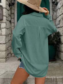 EURMUSE Blouse With Curved Hem, Drop Shoulder, Buttoned Shirt, Linen Fabric - Mint Green - View 2