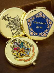 HARRY POTTER X SHEIN 图形圆形金色便携式折叠镜，普通镜子和 2 倍放大镜，高清镜面玻璃，方便检查妆容，适合学生、办公室职员、女性和男性、格兰芬多、拉文克劳、巧克力蛙、死亡圣器 - 金色 - 查看 3