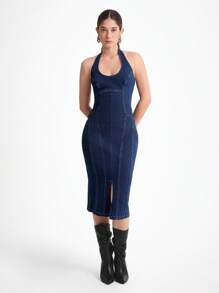 Daynim Váy denim dài vừa phải hở lưng thường ngày cho nữ - Rửa tối - Xem 3