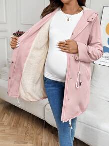 SHEIN Maternity Solid Color Zip-Up Hooded 3-In-1 Nursing Casual Coat,Fall,Winter - Pink - View 8