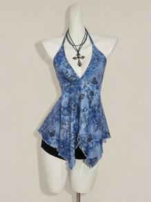 SHEIN ICON Women's Vacation Bohemian Style Floral & Butterfly Print Halter Neck Camisole Blue Floral Top Blue Summer Top Butterfly Print Top Blue Halter Top Women Bandana Top,Off The Shoulder Top