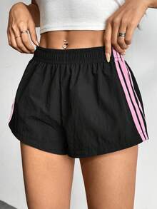 SHEIN PETITE 女士侧条纹松紧腰休闲宽松短裤夏季女士短裤 - 黑色 - 查看 4