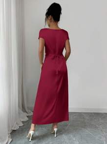 Rafferiza Đầm tay ngắn cổ buộc thanh lịch dành cho nữ, thích hợp cho buổi hẹn hò và đi làm - Màu Đỏ Sâu - Xem 2