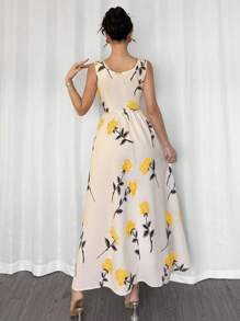 Elenzga 女式夏季度假花卉印花圆领束腰长裙 - 彩色 - 查看 2