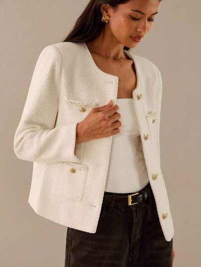 Lilora Women's Elegant Commuter Contrast Trim Button Cardigan Jacket White Tweed Jacket Women White Blazer Women White Jacket Women; Women White Jacket Autumn Winter Clothes For Women