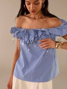 Lilora Women's Fashion Off Shoulder Striped Top With Crystal Chain Decoration, Summer - Blue and White - View 7
