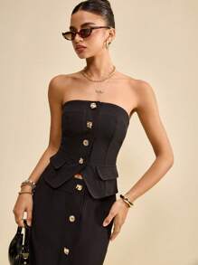 SHEIN Unity A Strapless Top With Unique Metallic Decorative Buttons Business Casual Night Out - Black - View 4