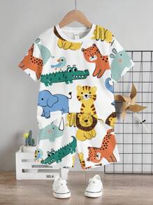 SHEIN 2pcs/Set Young Boy Casual Cartoon Tiger Print Round Neck Short Sleeve Shorts Set, Summer - Multicolor - View 3