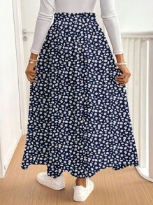 SHEIN Frenchy 蓝色女士休闲度假高开叉喇叭裙，碎花图案，适合夏季 - 彩色 - 查看 2