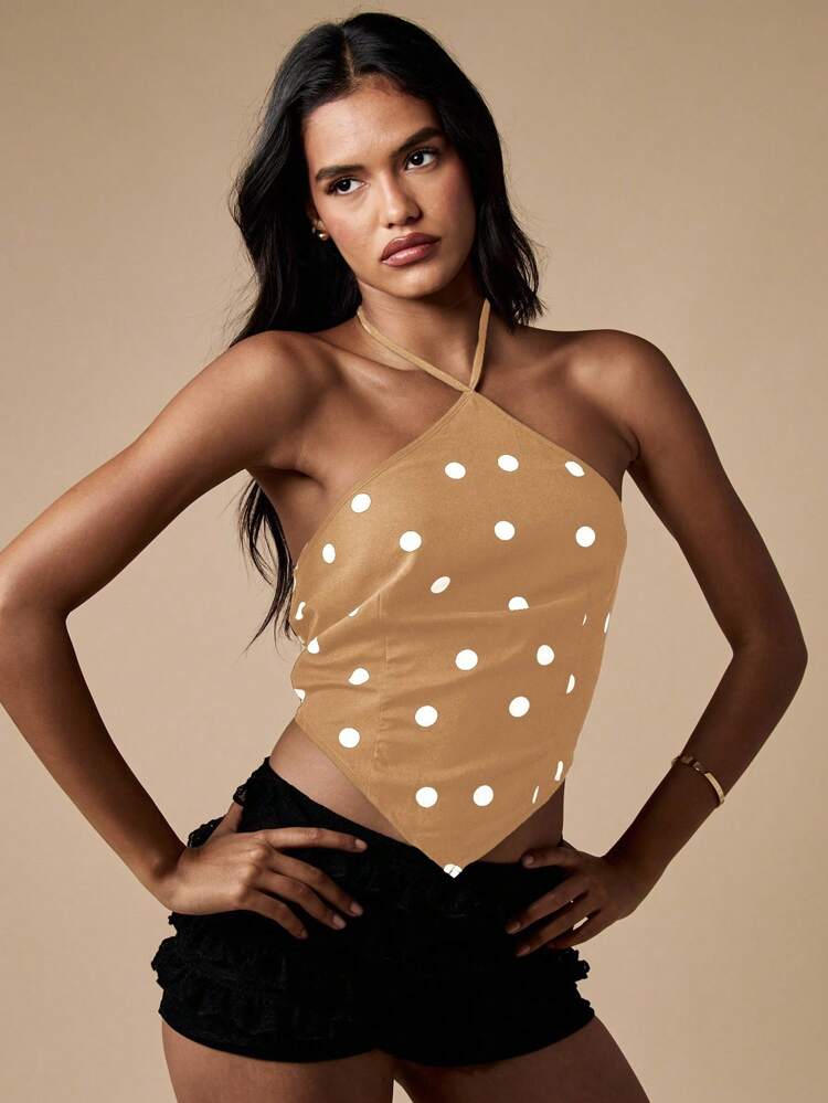 MISSGUIDED ドット柄ホルターネッククロップトップ（タイバック付き）