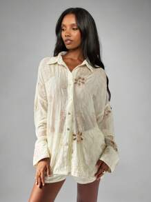 MISSGUIDED Elegant Beaded Sequin Button Down Shirt Long Sleeve Collared Blouse Dressy Oversized Fall Winter Party Holiday Festival Evening Wear - Coffee Brown - View 1