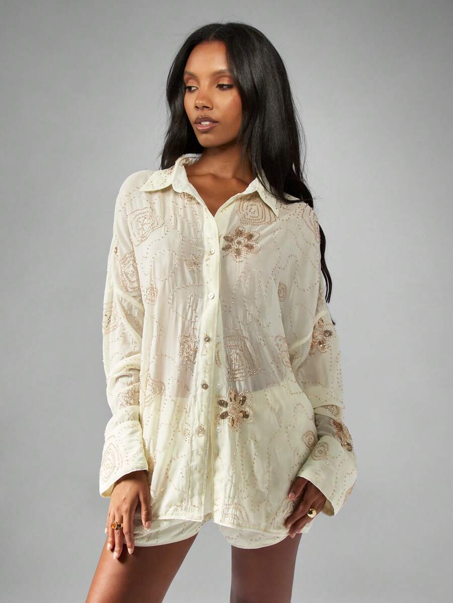 MISSGUIDED Elegant Beaded Sequin Button Down Shirt Long Sleeve Collared Blouse Dressy Oversized Fall Winter Party Holiday Festival Evening Wear - Coffee Brown - View 1