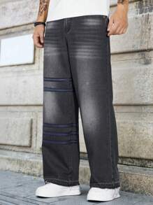 Manfinity Homme American Style High Street Webbed Decoration Straight Leg Jeans For Men, Vintage Grey Baggy Jeans - Black - View 5