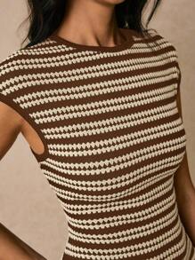 Poéselle Women's Casual Striped Round Neck Dress, Summer - Brown - View 5