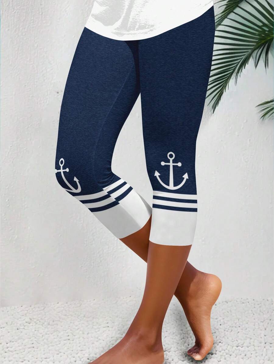 大码女式高腰锚印花卡普里紧身裤 - 休闲弹力修身紧身裤，适合日常穿着， - 彩色 - 查看 1