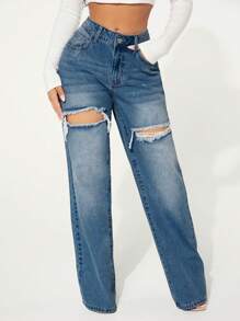 SHEIN SXY Casual Washed Distressed Straight Leg Jeans - Dark Wash - View 6