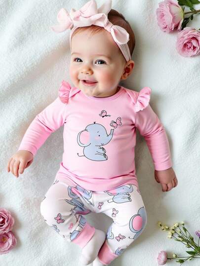 SHEIN Playful Pals Baby Girls 2pcs Casual Cute Elephant Print Lapel Long Sleeve Bodysuit And Contrast Color Long Pants Set, Spring & Autumn Baby Girl Two Pieces Set Baby Girl Long Sleeve Set Baby Girl Clothes Elephant Fall Winter