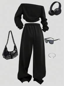 Teen Girl Number Print Off-Shoulder Long Sleeve Sweatshirt And Sweatpants Casual Suit - Black - View 2