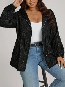 Comfylo Plus Size Front Zip Up Long Sleeve Hooded Jacquard Windbreaker Coat, Casual Daily Wear Winter Fall Autumn