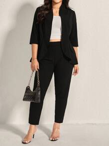 Comfylo LUNE 加大码女式纯色七分袖西装外套和裤子两件套办公室套装