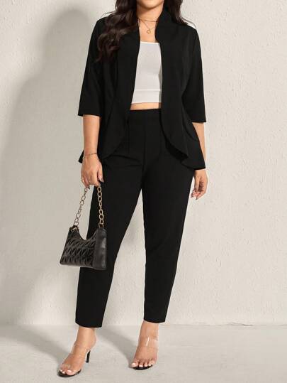 Comfylo LUNE Plus Size Women Solid Color 3/4 Sleeve Blazer And Pants 2 Pieces Office Suit Fall Women Clothes Fall Clothes Plus Size Fall Outfits For Women  Fall Outfits Women Autumn