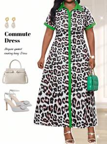Fleurora Plus Size Leopard Print Long Dress,Summer,Elegant,Wedding Ninang,Black And White Button Up Shirt Dress,Women Short Sleeve V-Neck Loose Boho Midi Dress - Multicolor - View 1