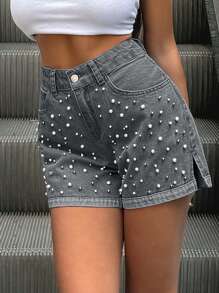 EURMUSE Quần short denim thường ngày mùa hè 100% cotton có đính đinh tán trang trí - Màu Xám nhạt - Xem 4