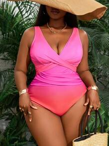 SHEIN Swim Curve Đồ bơi liền thân màu tương phản thời trang cỡ lớn - Đỏ - Xem 6