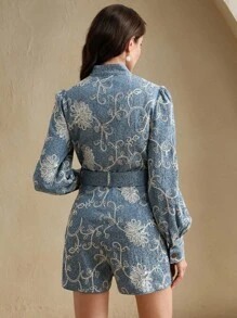 Anewsta Elegant Round Neck Ribbon Long Sleeve Cinched Waist Heavily Embroidered Beaded Jumpsuit For Women With Utilitarian Design - Baby Blue - View 3