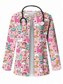 PopScrub Women All-Over Print Long Sleeve Uniform Jacket, Scrub Outerwear, Spring/Autumn - Pink - View 1