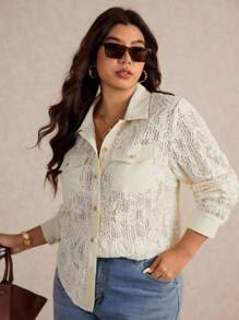 Elaquor Camisa de moda de manga larga con bolsillo, cierre de un pecho y estampado floral jacquard para mujer de talla grande - Albaricoque - Ver 1