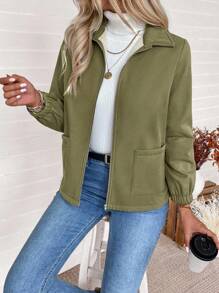 SHEIN Casual Solid Color Zipper Fleece Jacket, Autumn/Winter Fall Cloth For Women - Army Green - View 6