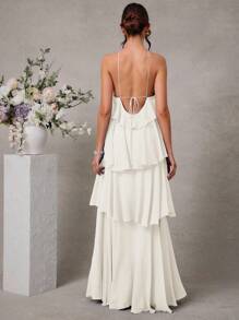 L'Amorae Elegant Romantic Wedding Guest Solid Halter Tiered Chiffon Maxi Dress