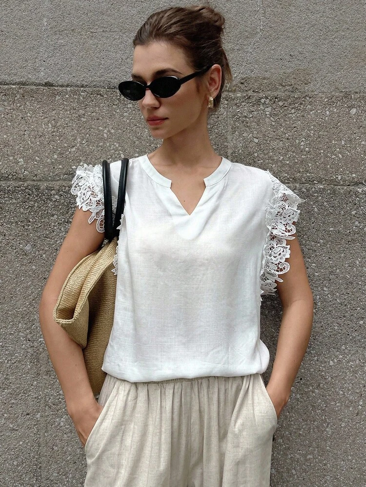 Women's Loose Fit V-Neck Casual Shirt With Ruffled Trim And Flutter Sleeves