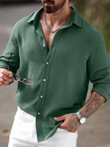 Manfinity CasualCool Men's Solid Color Plain Casual Linen Long Sleeve Collar Shirt, For Going Out, For Fall - Green - View 5