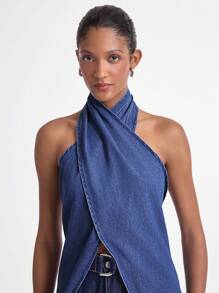 Daynim 女式露背吊带短款牛仔上衣，露背上衣 - 淺色水洗藍 - 查看 5