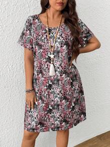 EMERY ROSE 大码女式夏季度假风格拼布印花短袖宽松休闲连衣裙