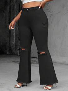 SHEIN Essnce Jeans acampanados de mujer talla grande en color rosa desgarrado con estiramientos, adecuados para vacaciones, Día de San Valentín, estilo Y2K - Negro - Ver 6