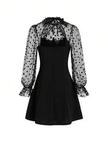 Gownix Women Black Polka Dot Autumn 70s Retro Vintage Elegant Party Dress,Contrast Color Mesh Bell-Sleeve Sheer Turtleneck Tie Front Homecoming Outfits - Black - View 7